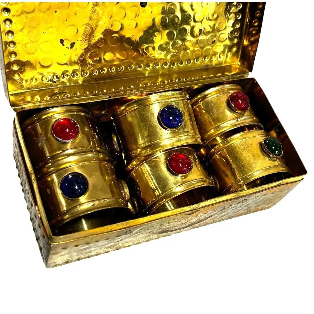Vintage Brass napkin rings holders in hinged lid storage box gem tone beads